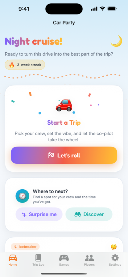 Car Party home screen